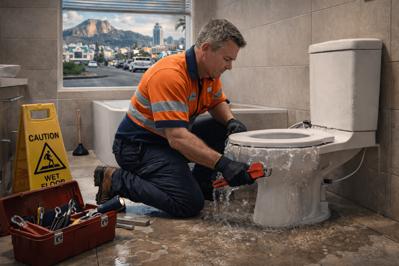 An Emergency Toilet Repairs scenario with a clogged and overflowing toilet spilling onto a bathroom floor in Townsville. A 24/7 emergency plumber Townsville from Supreme Plumbing and Waste Water is fixing the issue
