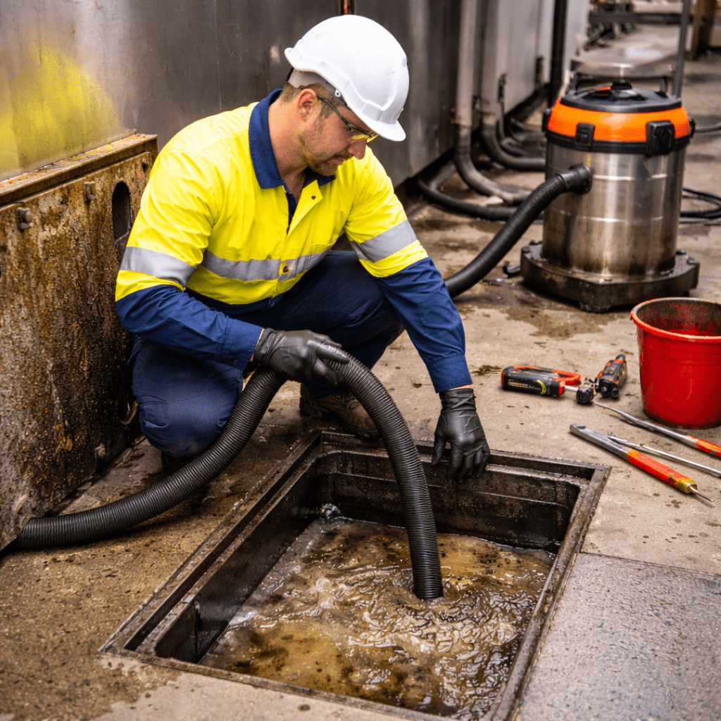 A Supreme Plumbing and Wastewater technician cleaning out a grease trap at commercial location in Hermit Park