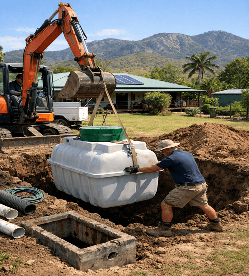 A team of plumbers at supreme plumbing and waste water installing a new Ozzi Kleen septic tank replacement into an excavated hole in the backyard of a homeowners property in Alligator Creek, Townsville